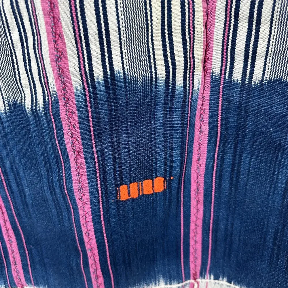 Striped Woven Textile Throw Pink Navy Cream Fringe Boho Global Eclectic Decor